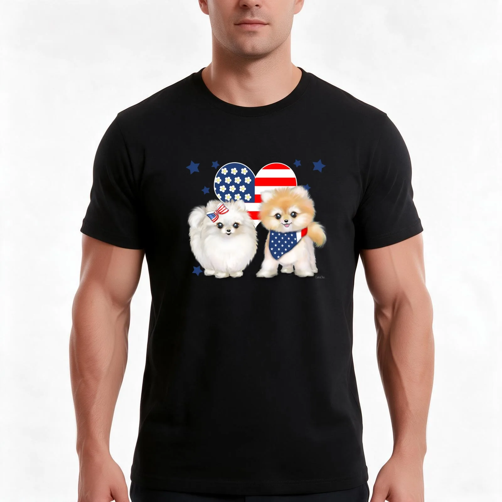 Patriotic Pomeranians ByCatiaCho T-Shirt, Summer Casual Cotton Tee, Oversized Streetwear Tops, Vintage Graphic Print