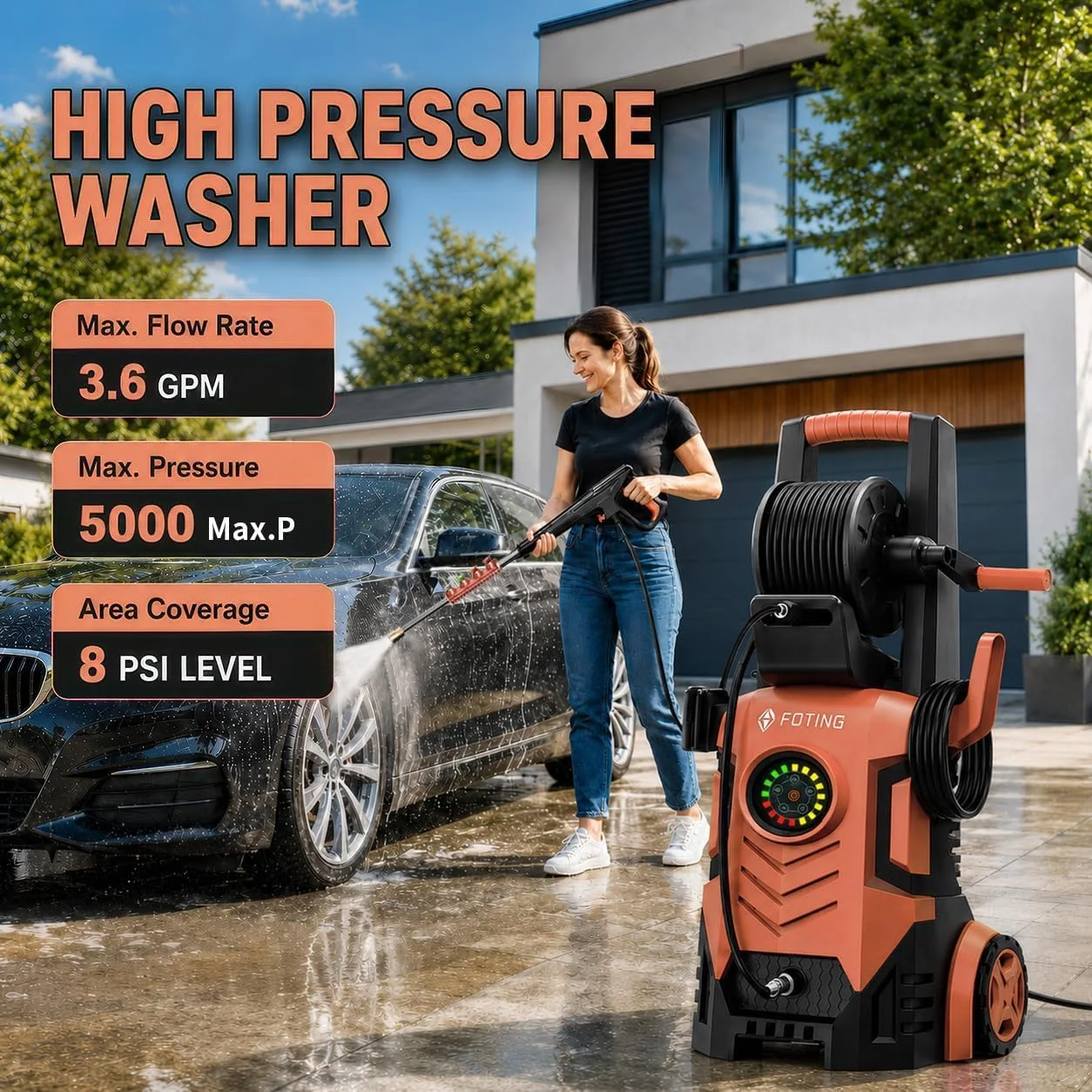 5000 Max Pressure Power Washer, Adjustable Touch Screen 8 Level High Pressure Cleaner, 35ft Power Cord with GFCI, 4 Quick Connect Nozzles, Inlet Hose & Filter & Foam Cannon, Electric Pressure Washer for Car Driveway Home Cleaning