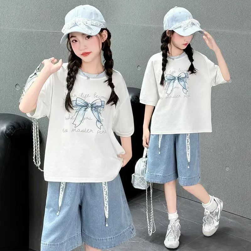 Summer Girls Children Set Short Sleeve Teenager Letters Bow T Shirt Loose TPS + Thin Short Denim Jeans Pants 4 5 8 10 12 14 Year