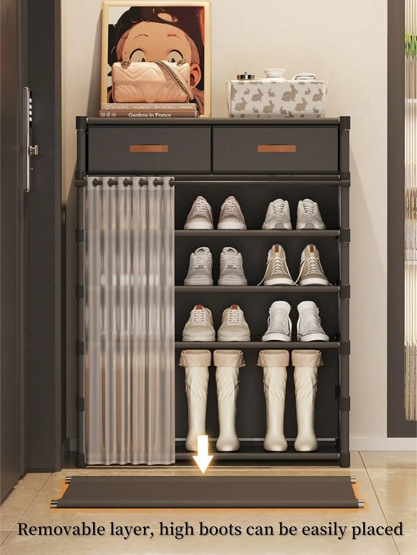 1pc Household Multi-Layer Shoe Rack With Curtains, Shoe Cabinet, Storage, Display Rack, With Drawers, With Curtains Shoes Storag - Image 6