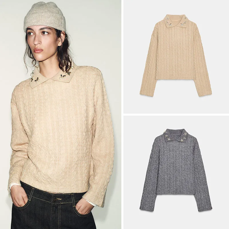 秋の新作 レディース ニットセーター ジュエリーカラー フリップカバーデザイン 8本編み カジュアルスタイル 長袖トップス