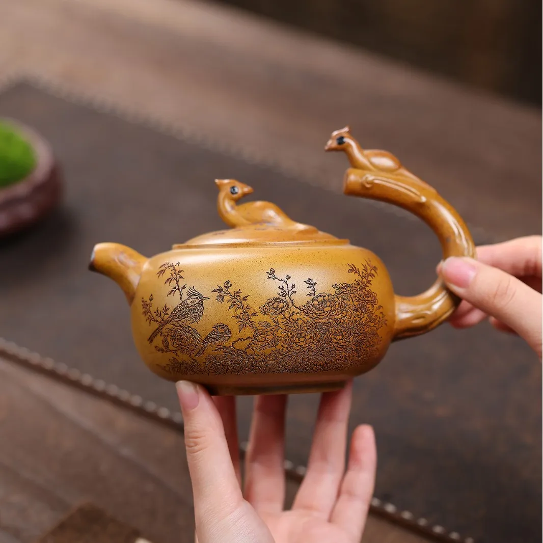 Handmade Yixing Zisha Teapot 370ml, Duan Clay Bird Sculpture Zisha Pot, Chinese Kung Fu Tea Set, Bird & Flower Engraving Teapot