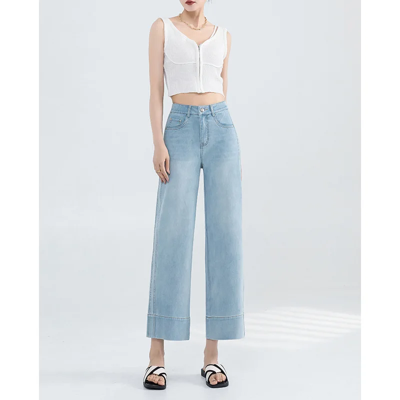 Advanced Sense Trend Denim Nine Points Straight Leg Pants, Women's Spring and Summer New Fashion Loose Wide-leg Pants for Women