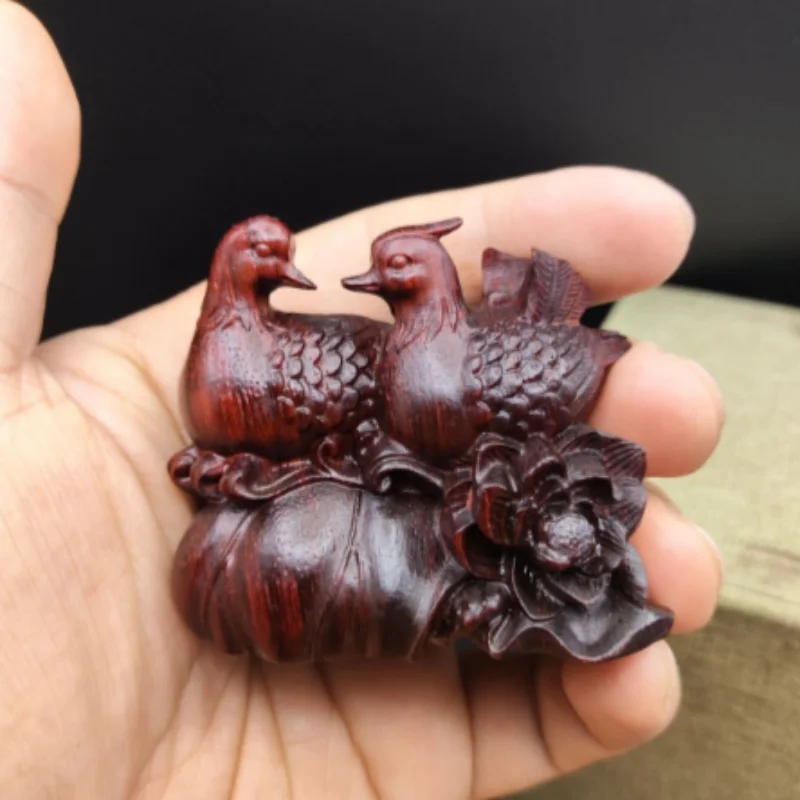 Vintage Wood Carving Mini Mandarin Duck Statue Hand Piece, Home Desktop Decor, Oriental Love & Loyalty Display, Feng Shui Craft