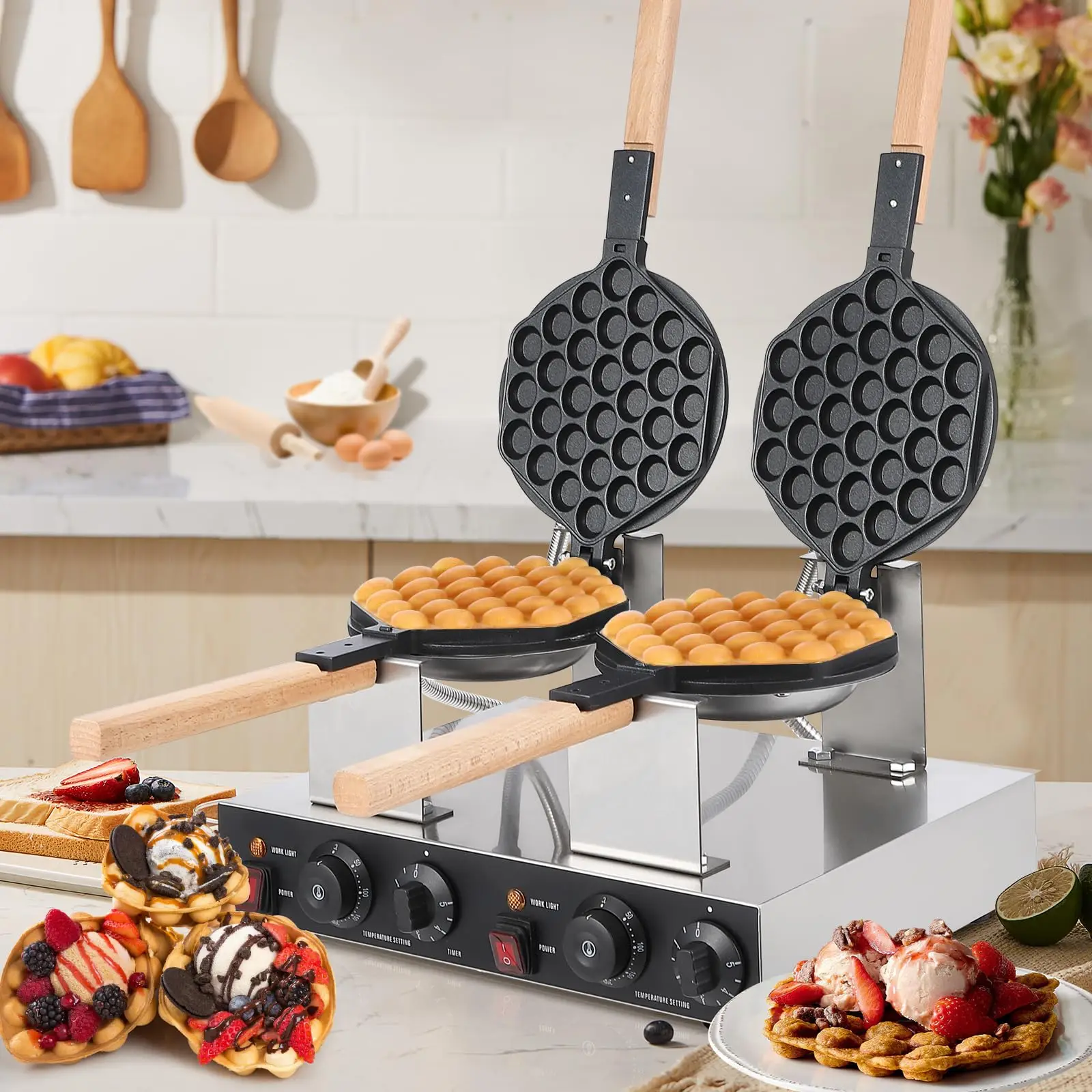 1/2 Plate 1400W/2800W 180° Rotatable Round Bubble Waffle Maker Non-Stick Double-Side Heating Waffle Iron For Home Commercial Use