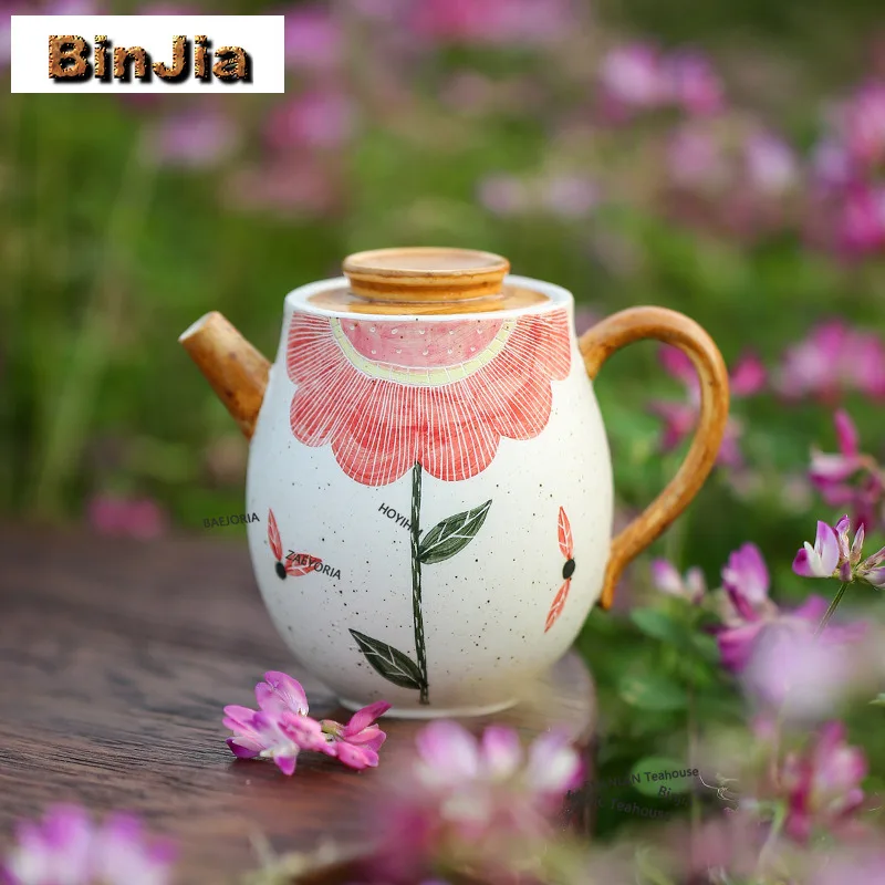 BAEJORIA 120ml Powder Yin Hand Drawn Sunflower Teapot Retro Tea Infuser Pot Tea Maker Kettle With Filter Oolong Tea Pot Bearing
