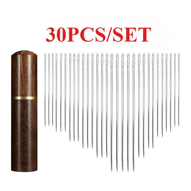 30Piece Self-Threading Needle Set for Elderly Hand Sewing Clothing & Cross-Stitching Wooden Storage Tube Convenient Insertion