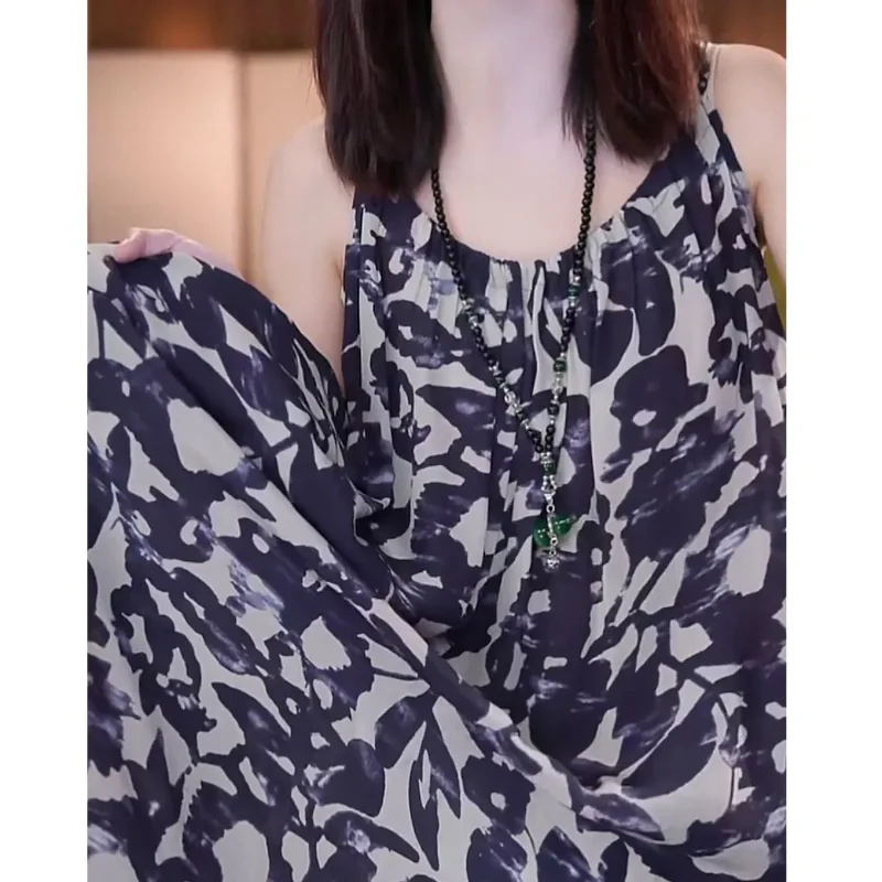 Women's Black and White Abstract Print Spaghetti Strap Maxi Loose Drawstring Waist Casual Long Dress