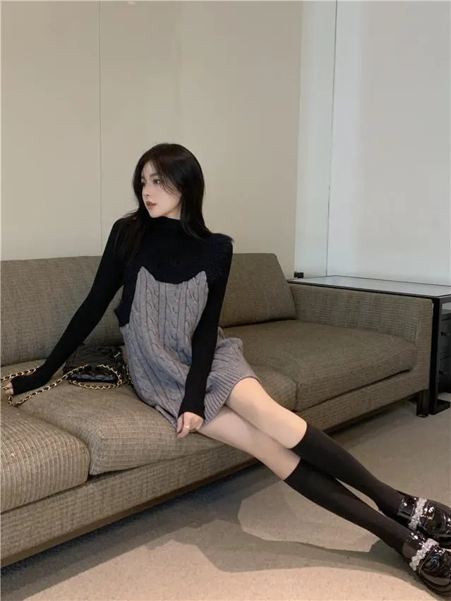 

Spring Autumn Knitted Loose Women's Fashion Set Dress Two-Piece Casual Style Comfortable Polyester Long Sleeve High Collar