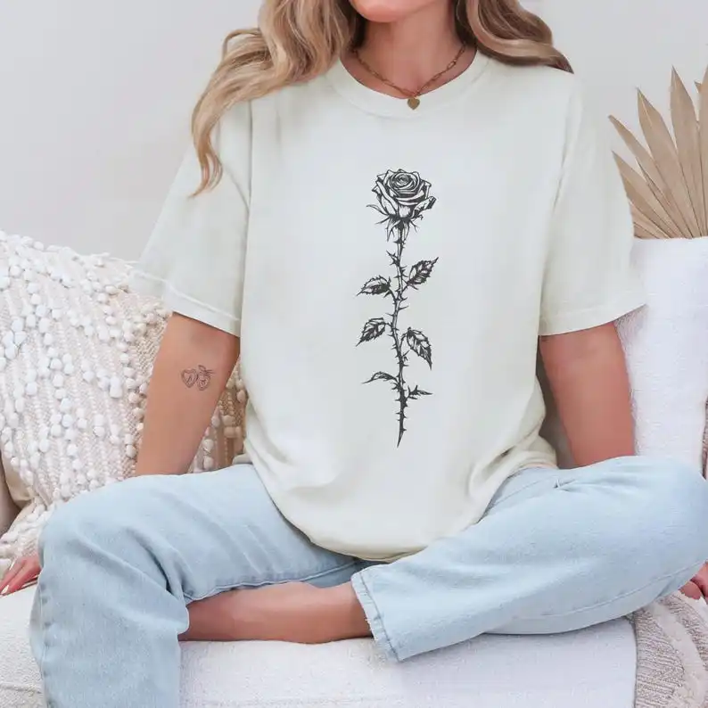 

Thorny black rose shirt, Comfort goth rose tshirt, Rose tee, Gift for love