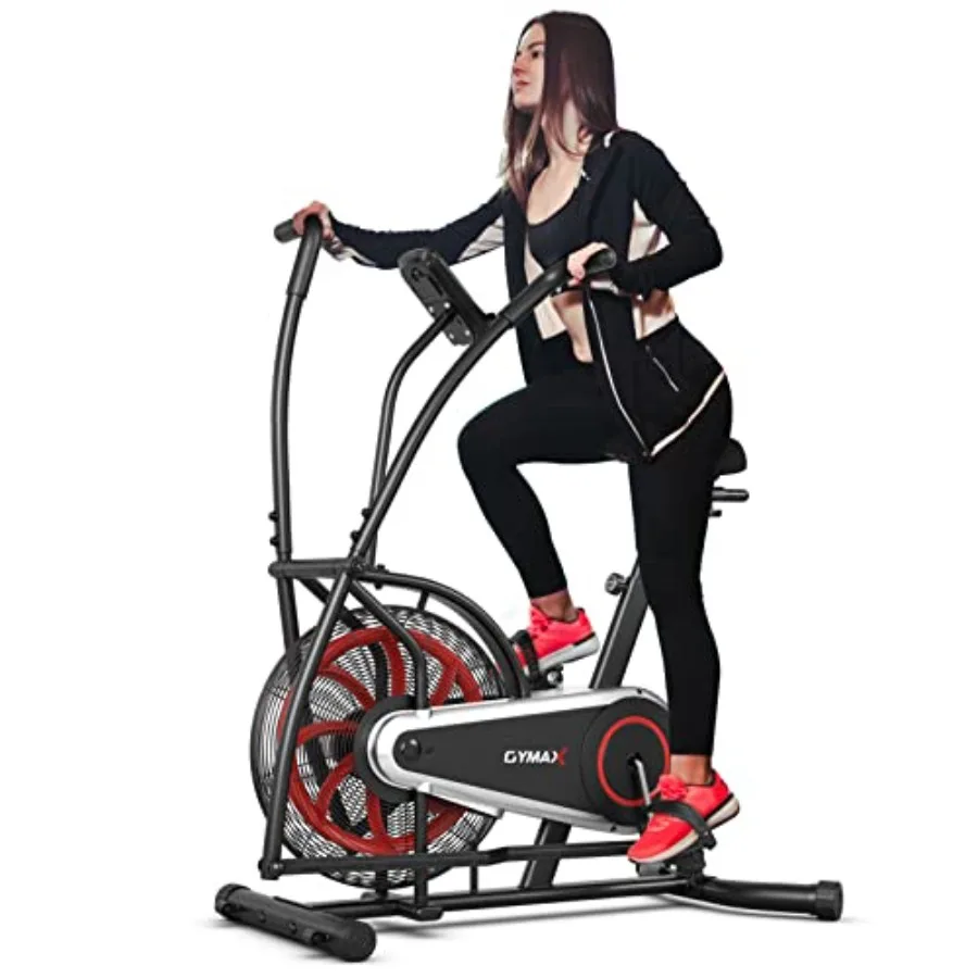 Home gym cardio training: fan bike with air resistance, black steel frame, LCD monitor, phone holder built-in wheels for adjust