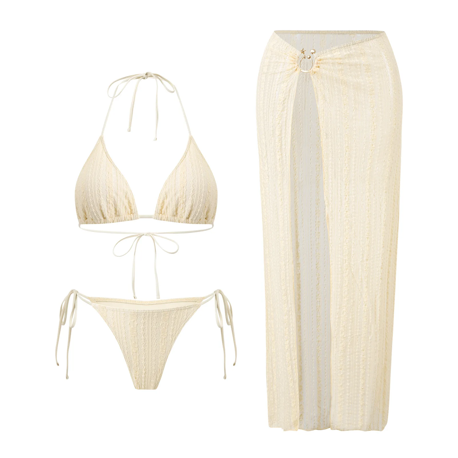 

sexy plain halter tie bikinis sets three pieces with lace split long skirt swimsuits bathing suit beach outfits biquini bakini