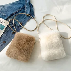 Bolso de felpa simple para mujer, bandolera de un solo hombro, bolso de maquillaje de pelo de conejo, bolso de teléfono móvil, Otoño e Invierno