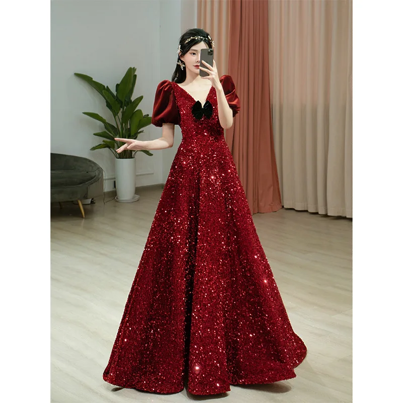 Toast Bride 2024 Sequins Business Banquet Retro Bubble Sleeves Large Size Performance Wedding Evening Dress Winter