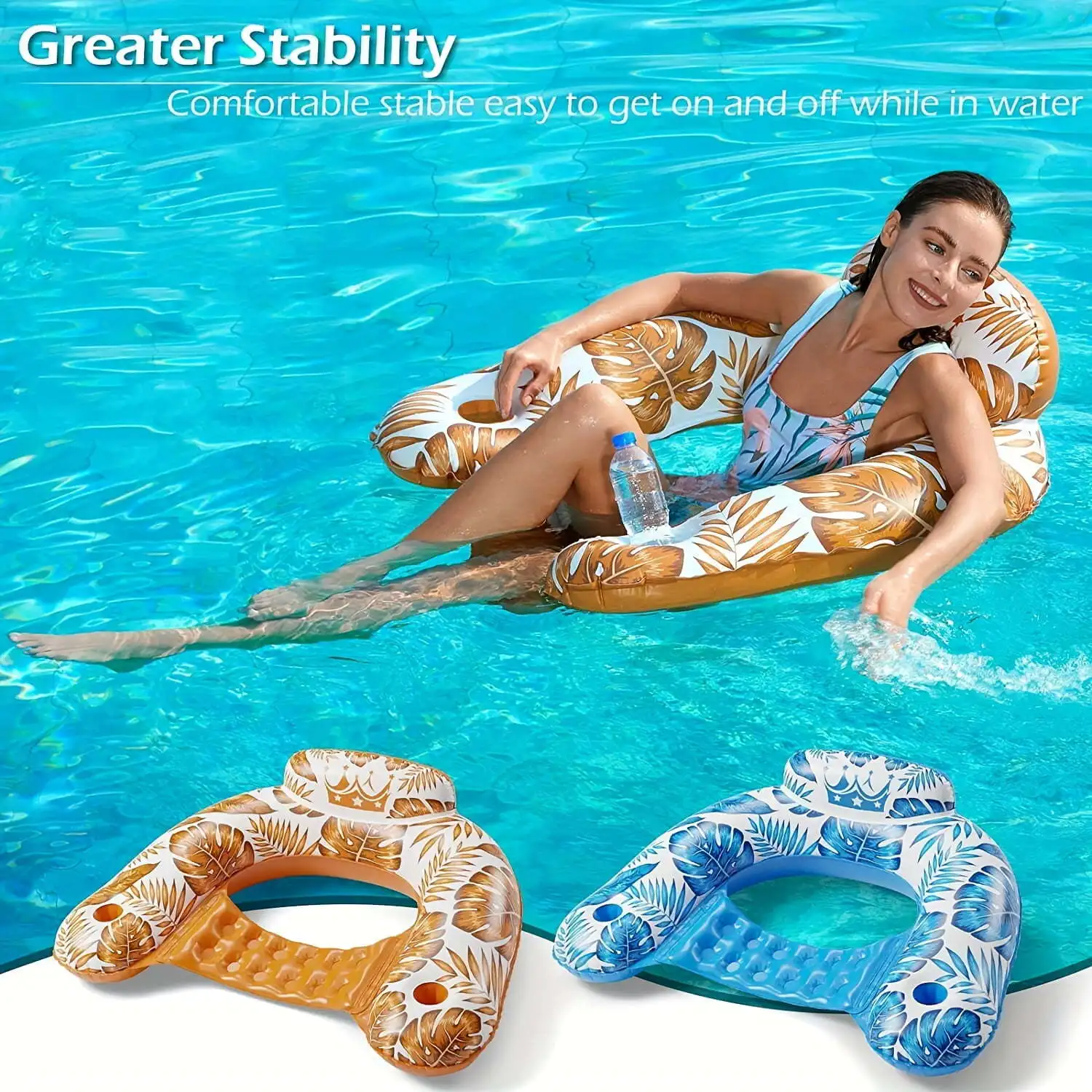 Portable Inflatable Swim Float Chair U-Shaped Design with Backrest Cup Holder Adult Water Beach Lounge Seat