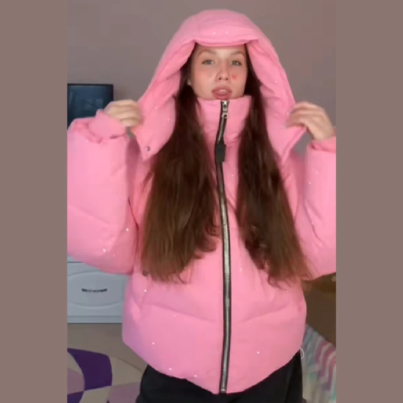 Winter Loose Women's Down Jacket Stylish Hotfix Rhinestone Zipper Padded Coat Thicken High Collar Hooded Outwears 2025 New Coats