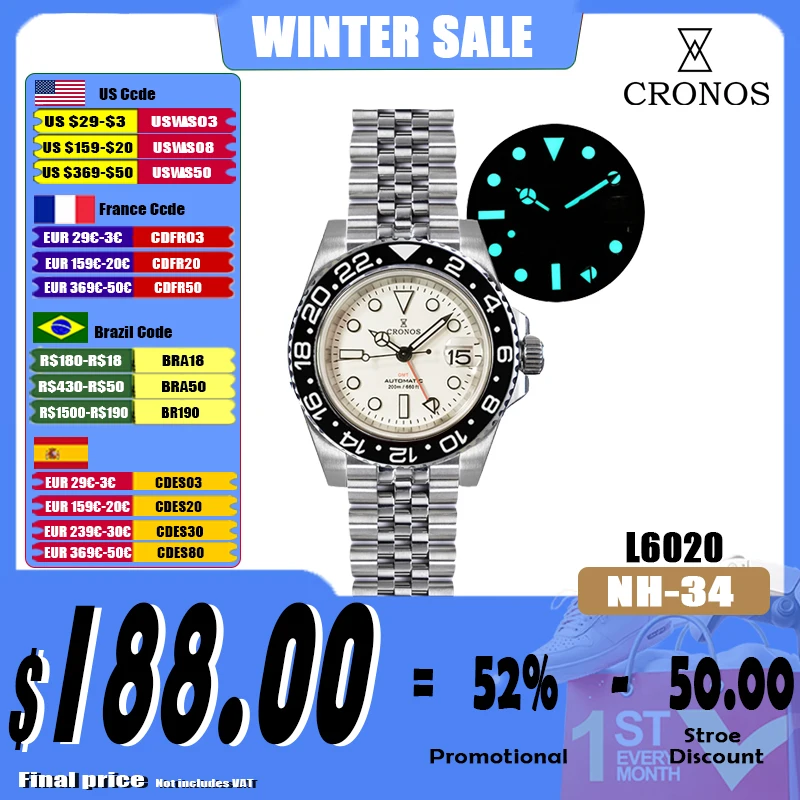 Cronos GMT Automatic Man Watch Bidirectional Bezel Sapphire 20 ATM NH34 Solid 5 links Metal Bracelet BGW-9 Lum lateast Version