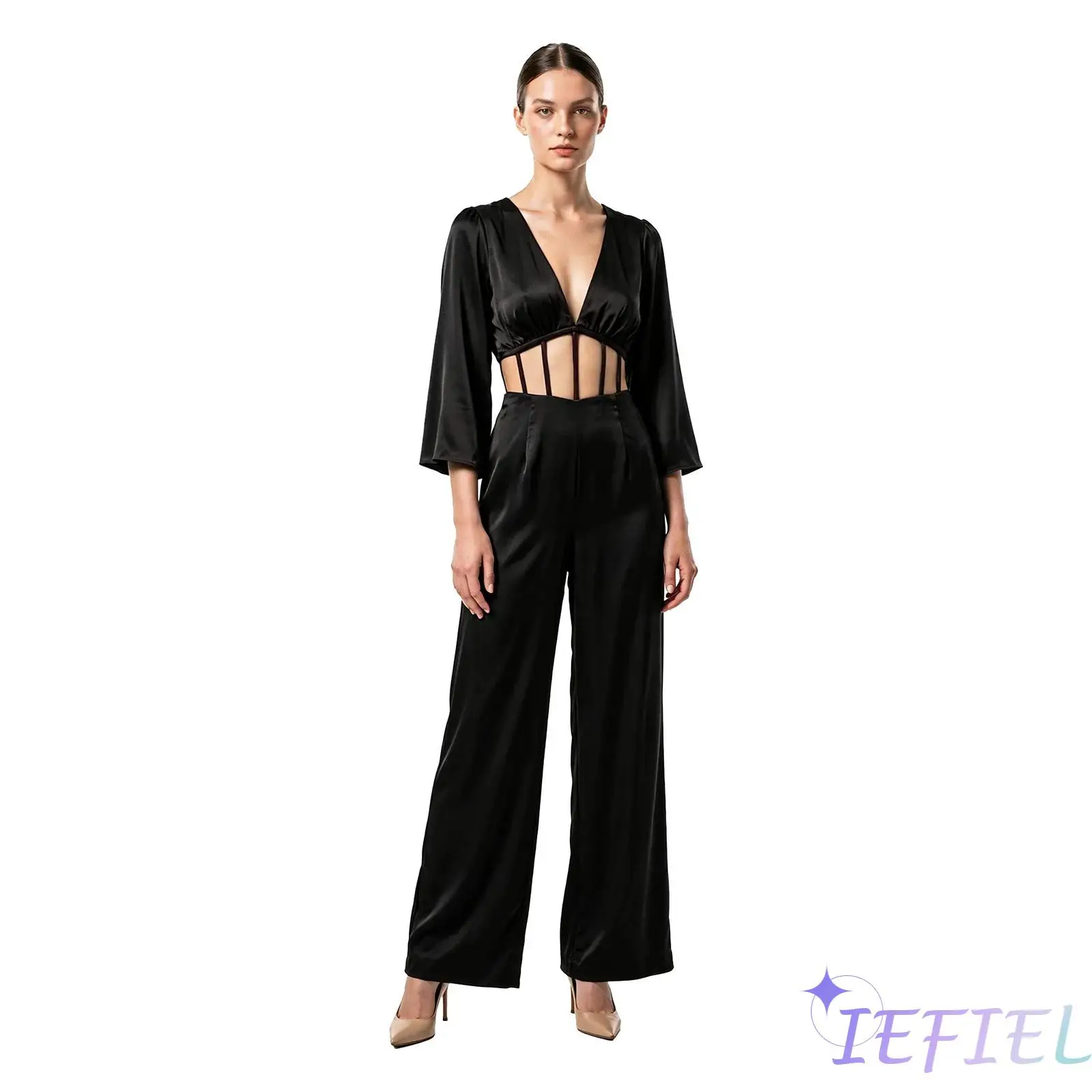 Womens Wedding Cocktail Vacation Jumpsuit Satin Hollow Out Waist V Neck Flared Sleeve Backless Back Zipper Wide Leg Romper