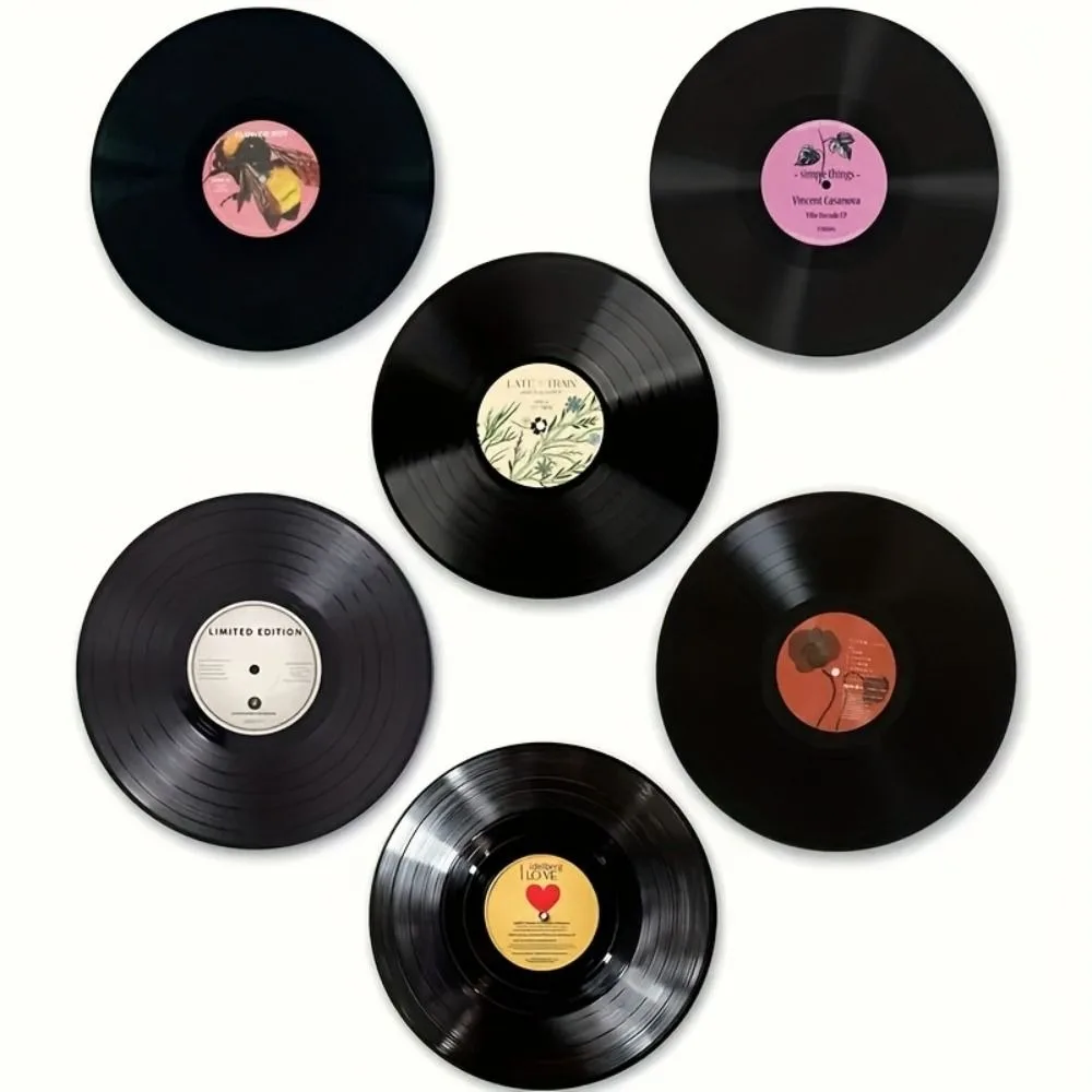 

6Pcs 2D Printed Vinyl Record Coasters Retro Record Design Anti-slip Cup Mats Heat Insulation Wooden Coasters Desktop Decor