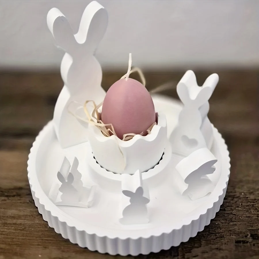 Juego de 4 Moldes de Silicona de Pascua: Conejito, Cáscara de Huevo y Bandeja a Rayas para Decoración de Yeso DIY - Arte de Mesa para el Hogar y Kit de Manualidades Navideñas