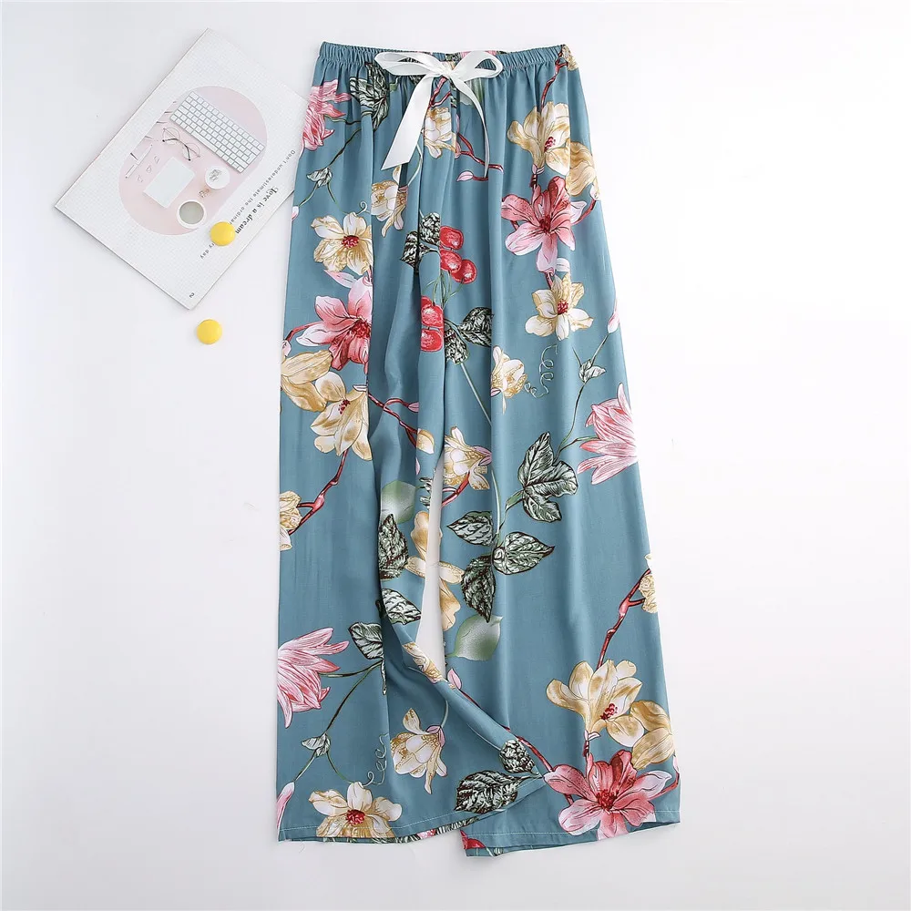 Summer Sleepwear Women Pants Pajama Printed Wide Leg Sleep Bottoms Cotton Pants Calf-Length Pants Elastic Waist Casual Clothes