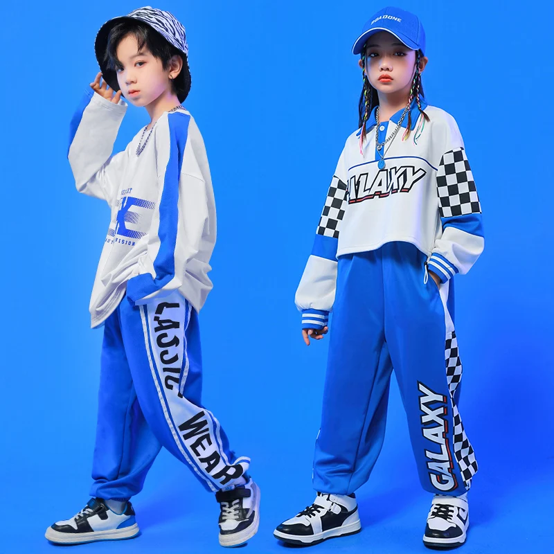 Kinder Teenager Kpop Tanz Outfits blau Sweatshirt Tops Streetwear Jogger hose für Mädchen Junge Hip Hop Jazz Tanz Kostüm Kleidung