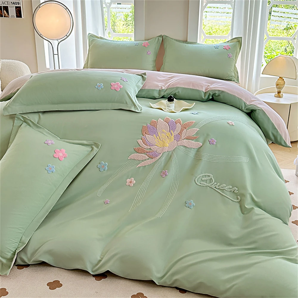 

Flowers Embroidered Bedding Set Sheet Four Piece Set Home Quilt Cover Duvet Cover Skin Friendly Student Dormitory Home Textiles