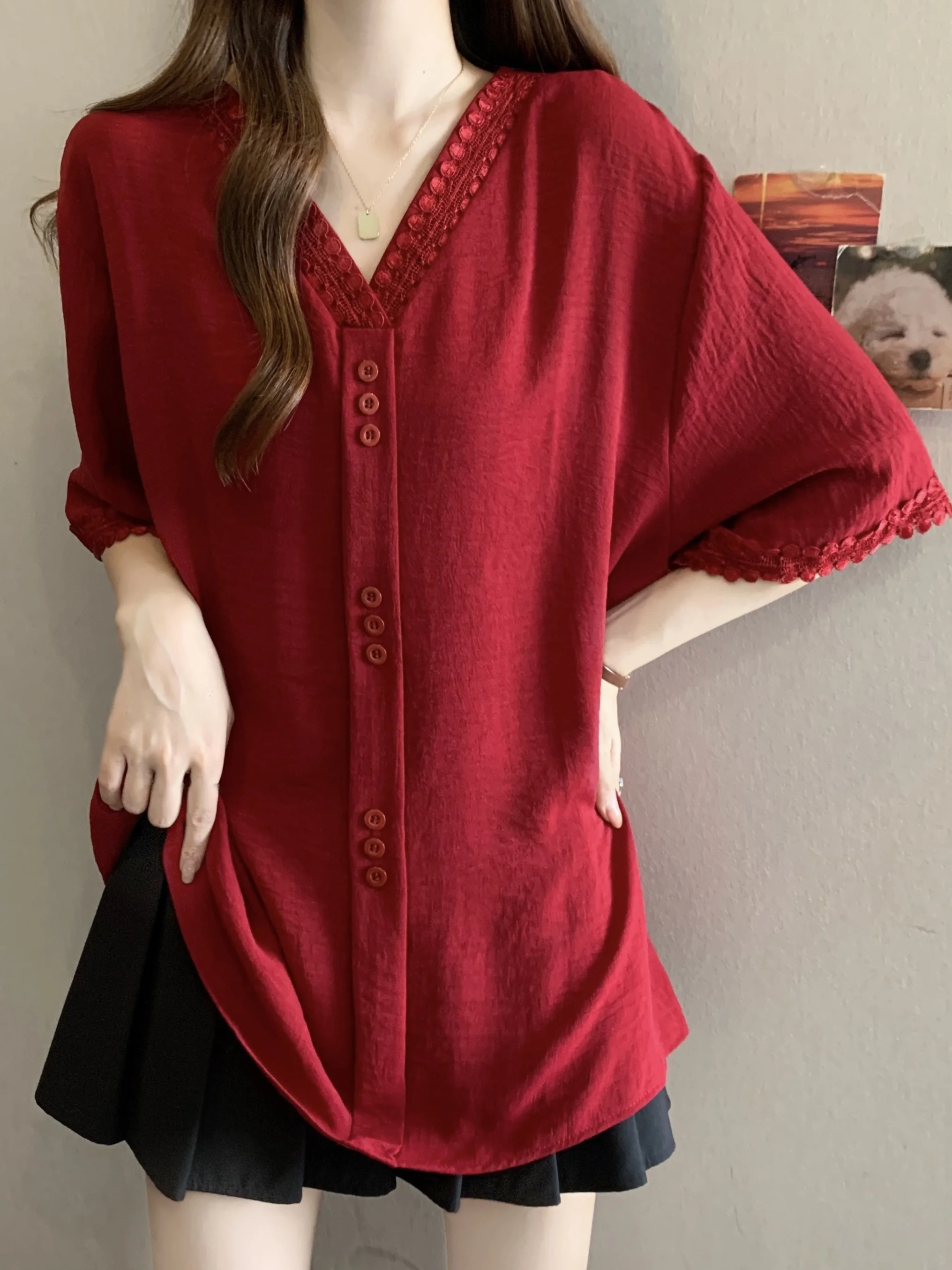 Lace Trim V-Neck Short Sleeve Loose Fit Shirt Women Summer plus Size Slimming Top High Waist Button Detail Commute Ready