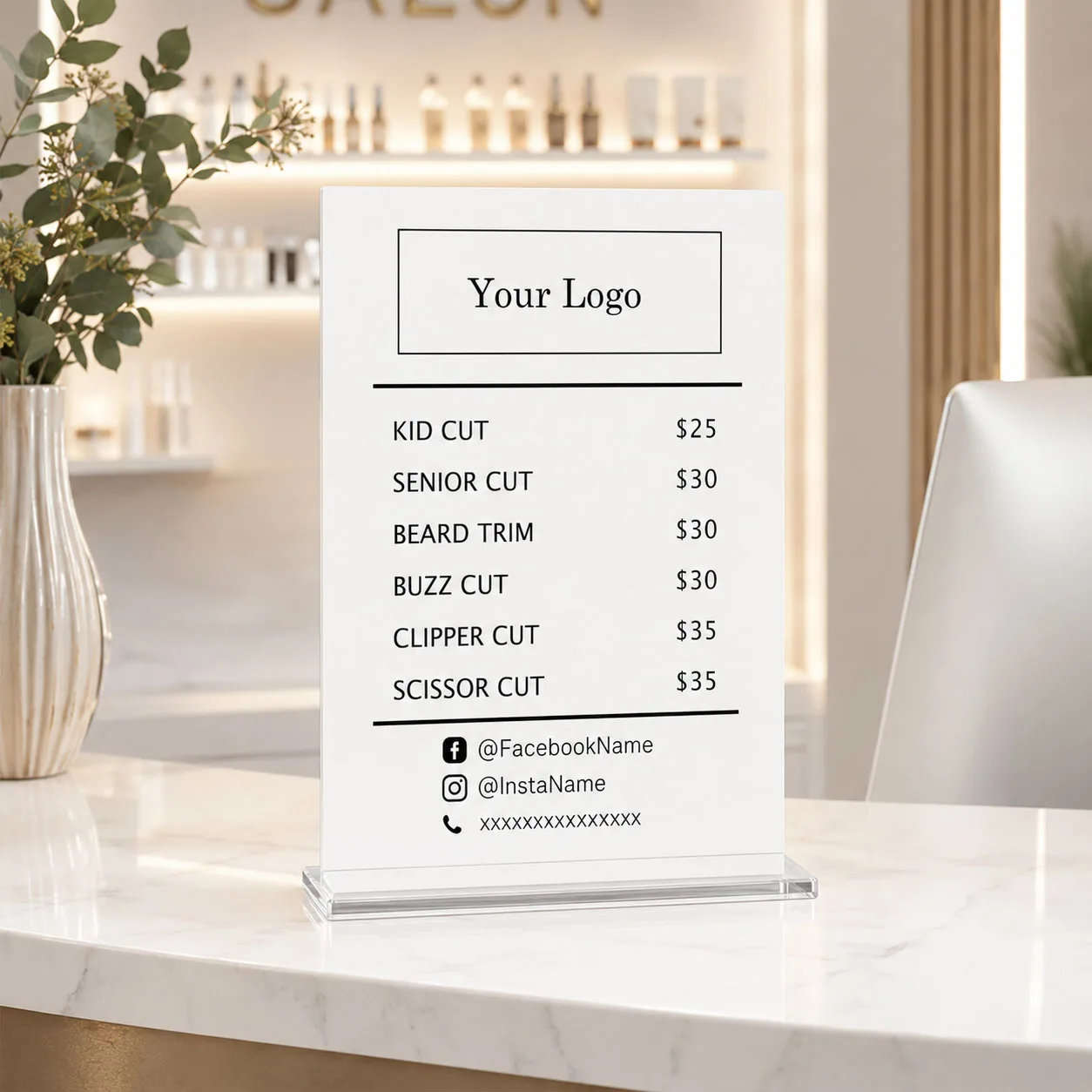 Personalized Acrylic Price List Sign With Stand Custom Business Logo Pricing Board Desktop Service Menu Plaque for Barber Shop