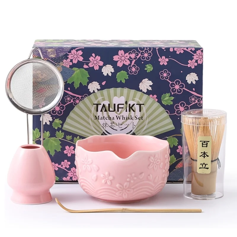 Juego de Té Matcha Japonés de 5 Piezas con Tazón y Cuchara de Bambú - Ideal para Amantes del Matcha, Kit de Té Japonés Auténtico, Juego Completo con Soporte para Batidor, Tamizador y para Regalos para Madres