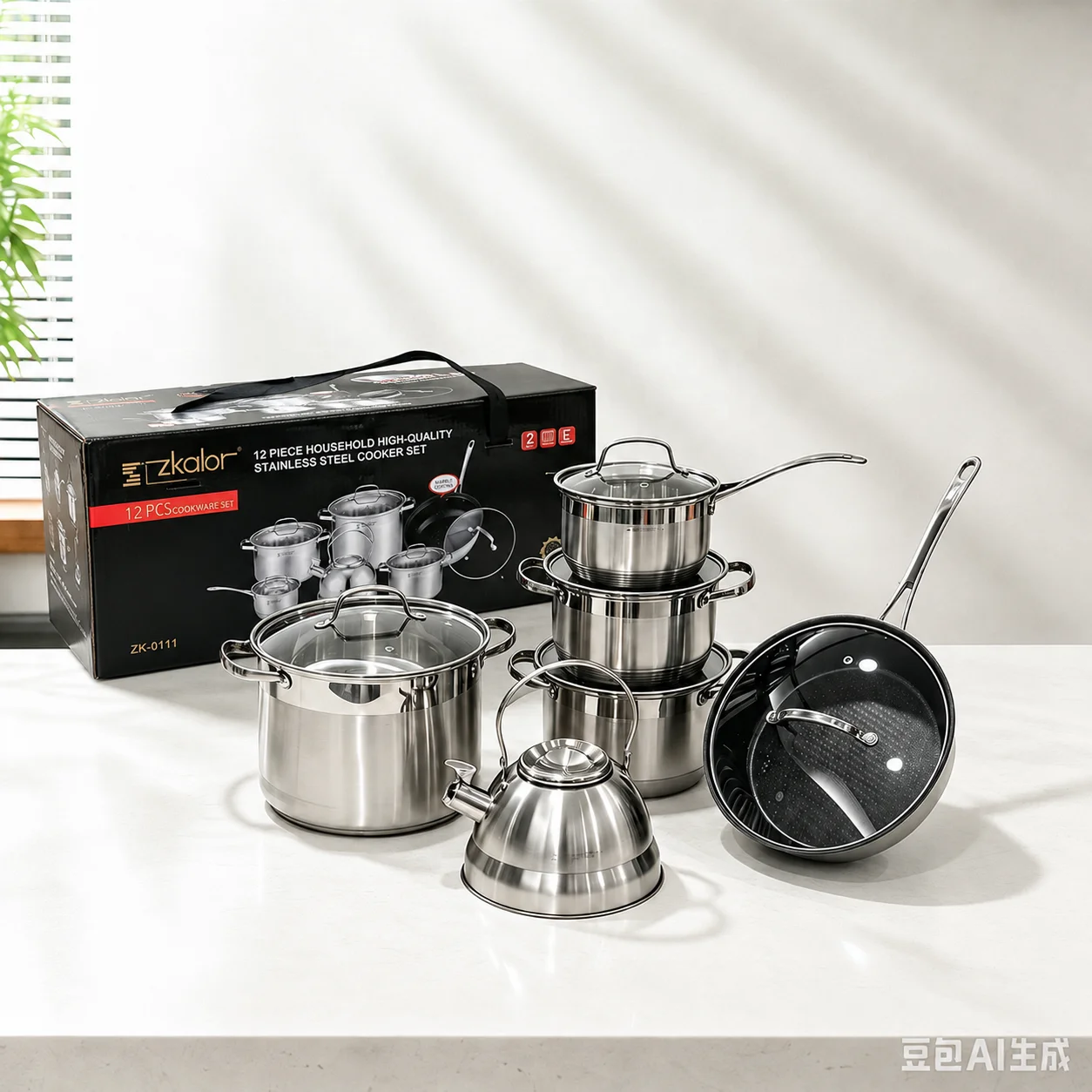 12Pcs Stainless Steel Cookware Set With Kettle 9-Ply Composite Bottom Pot Pan Kettle Complete Kitchen Cooking Set Gift Box