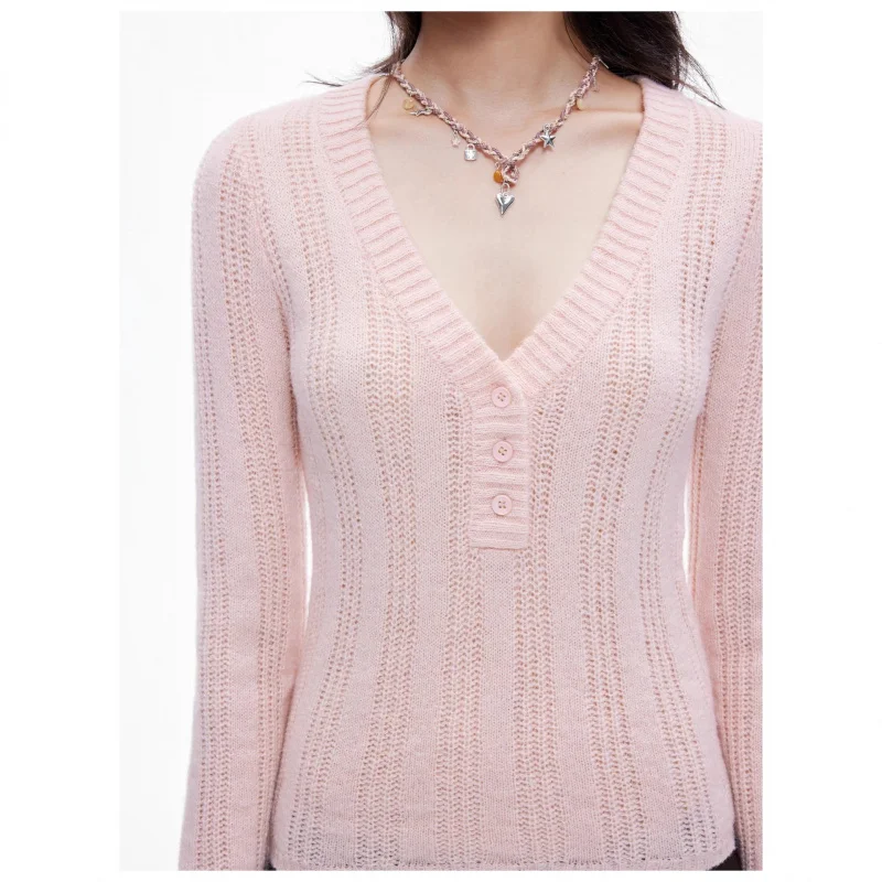 

Розовый шерстяной вязаный топ женский FW вертикальный ребристый полый шерстяной свитер