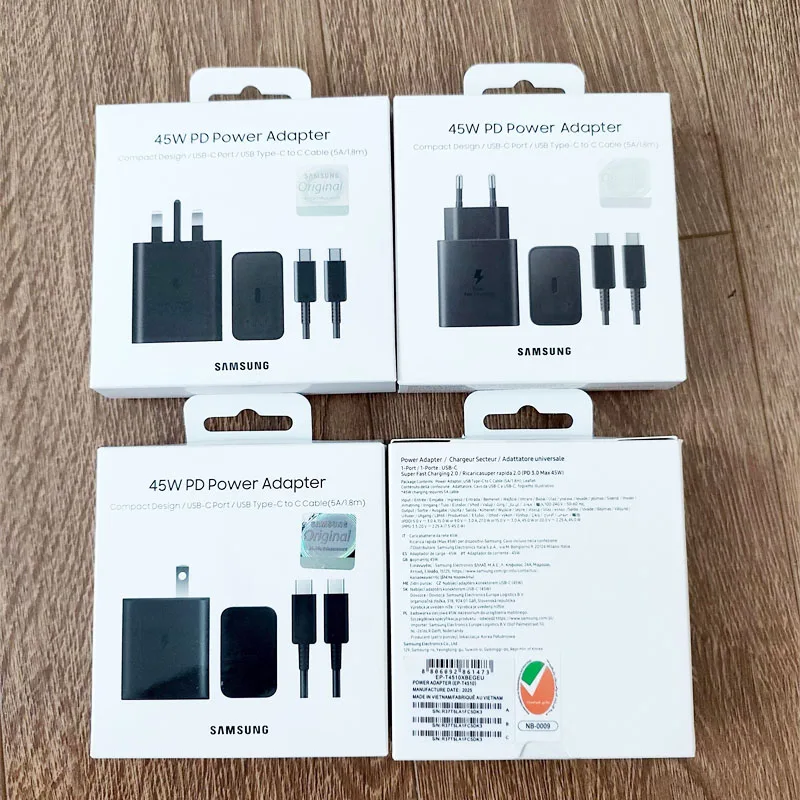 

EP-T4510 Зарядное устройство Samsung 45 Вт PD Сверхбыстрая зарядка для Galaxy S25 Ultra Plus S24 S23 A56 C55 Адаптер ЕС/США/Великобритании Кабель типа C 1,8 м