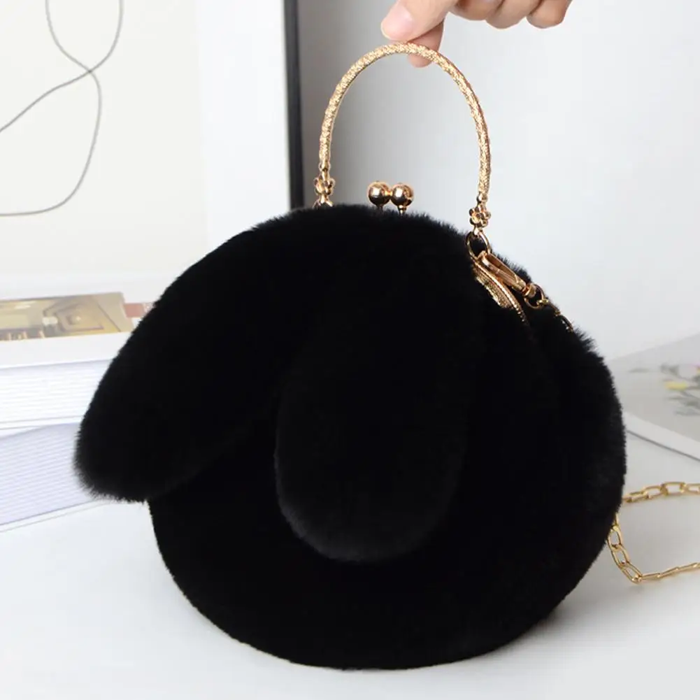 Luxury Soft Plush Rabbit Ear Half Moon Bag Faux Fur Party Clutch Bag Lady Handbags Fluffy Female Winter Purse Casual Bag