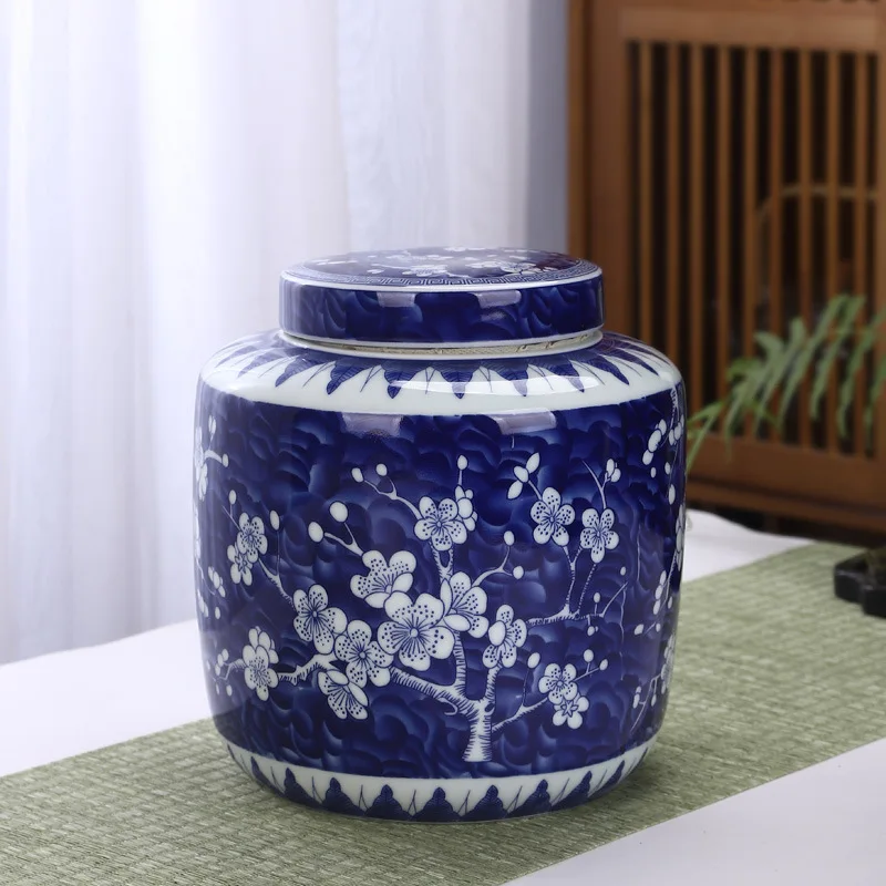 Blue and White Porcelain Tea Pot Ceramic Sealed Storage Retro Plum Loose Large-capacity Coffee Bean Nut Container