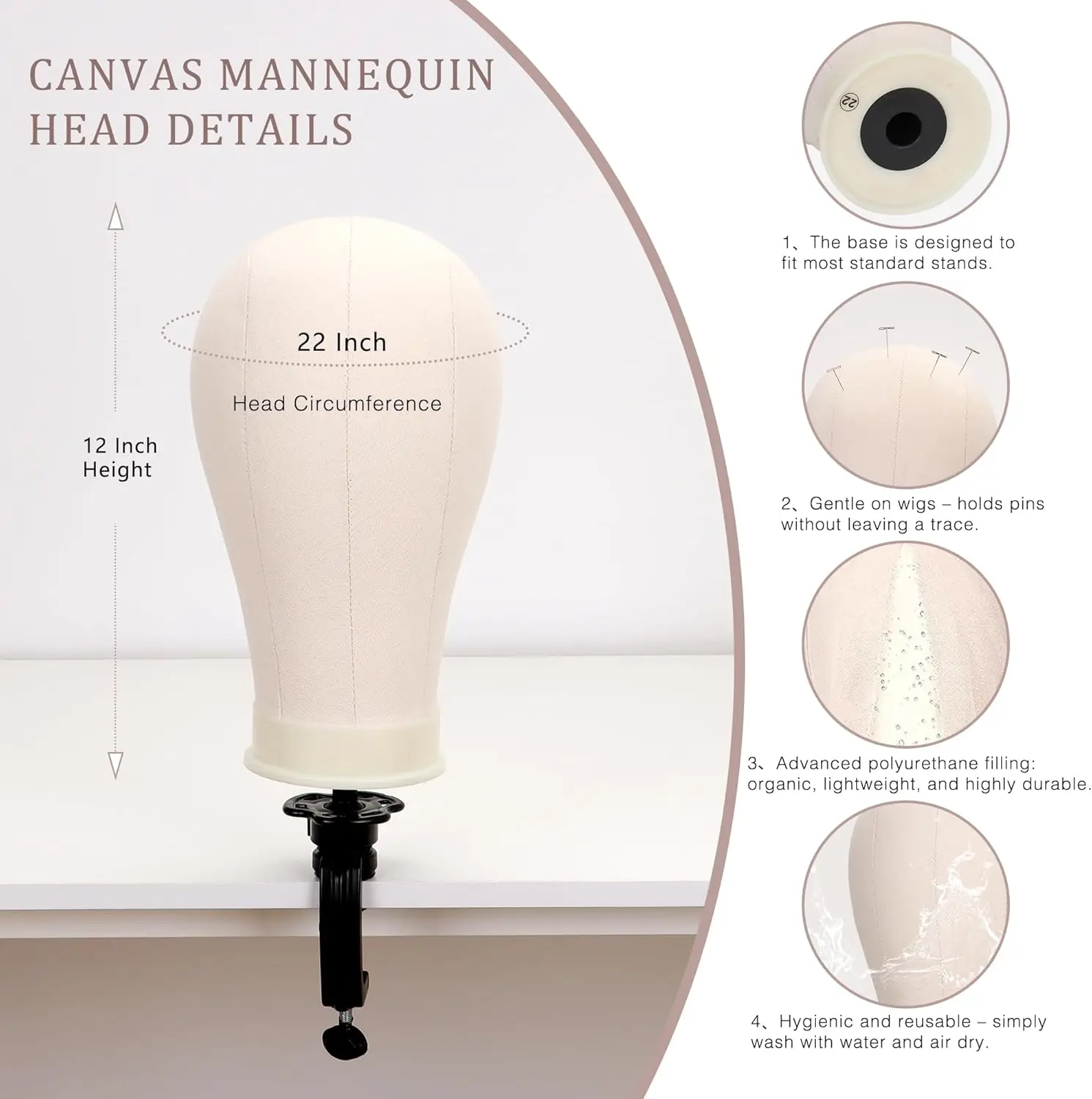 22'' Canvas Wig Head with 61'' Adjustable Tripod Stand, Mannequin Head Set for Wigs Making Display, for Beginners and Profession
