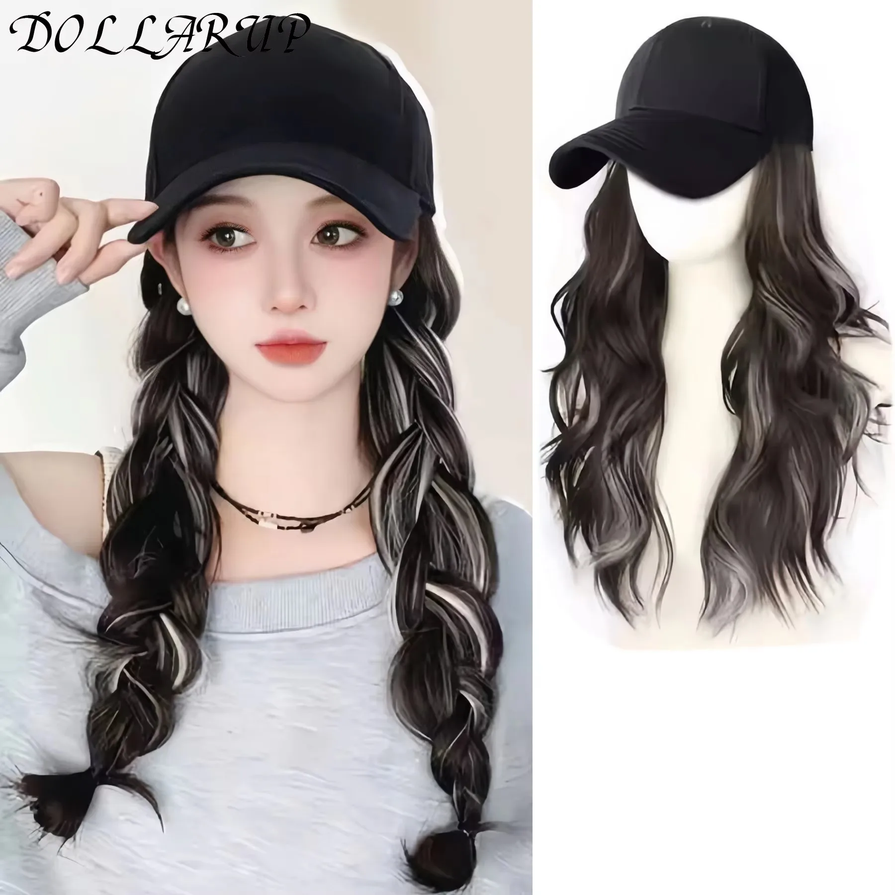 JKL peluca sintética de 40cm gorra de béisbol peluca de pelo largo y liso gorra de lengua de pato cabeza bobble pelo rizado cola de caballo bob regalo de Navidad