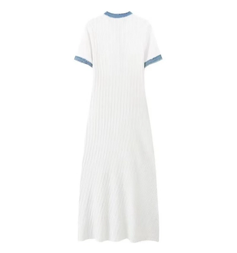 STYLISH LADY Denim Patchwork Knitted Dress 2025 Autumn Women Short Sleeve O Neck Button Bodycon Elegant OL Party Maxi Dresses