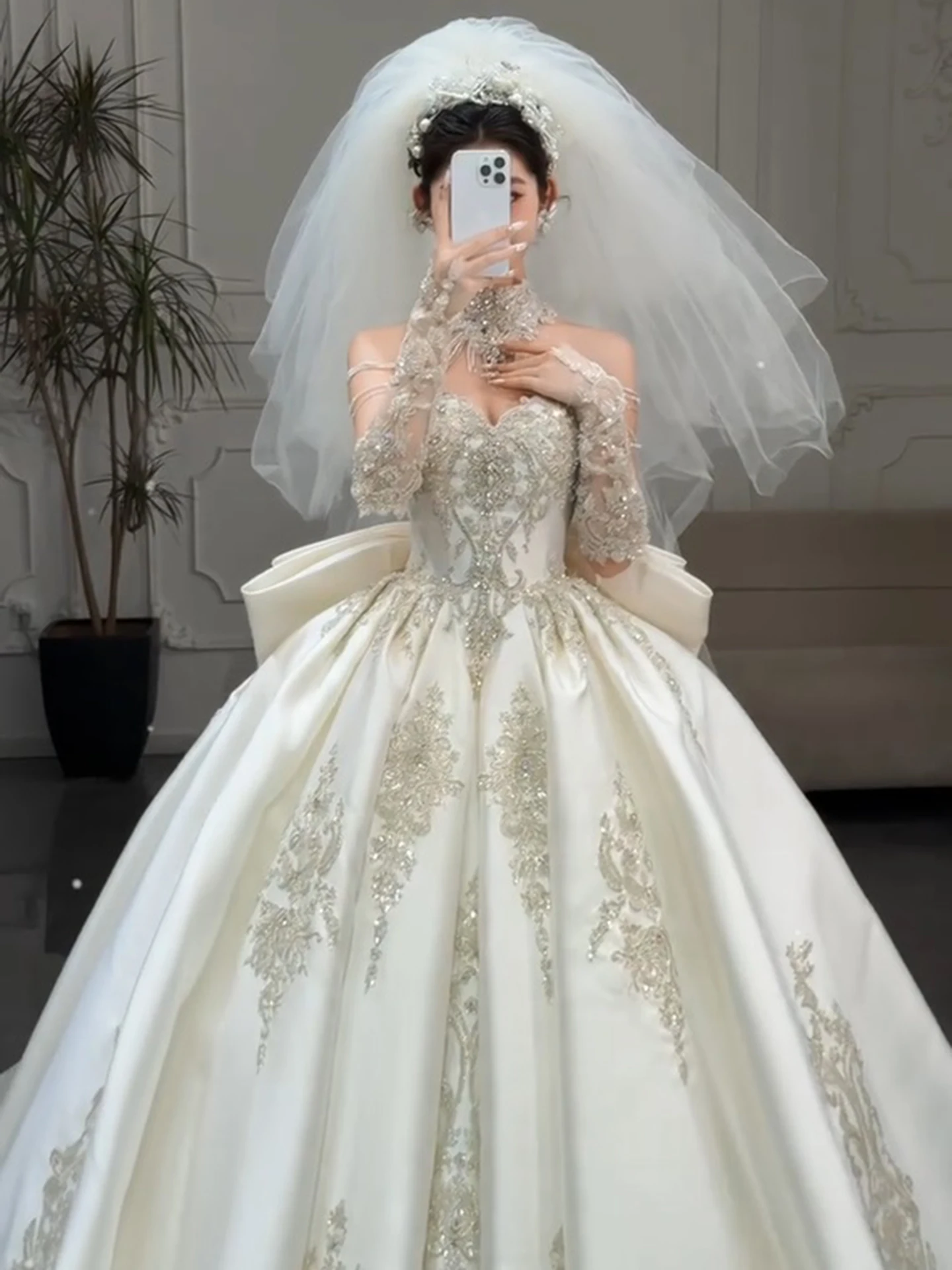 فساتين زفاف بدون حمالات، فستان زفاف فاخر من الساتان لحفلات الزفاف، فستان زفاف لامع مخصص #5