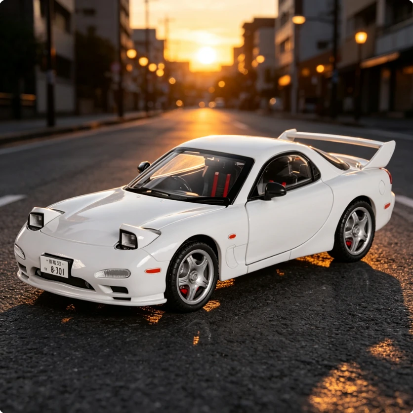 Jianyuan 1:28 Horse RX7 Diecast Alloy Car Model Pull Back Sound and Light Japanese Retro Desktop Ornament Collectible Toy