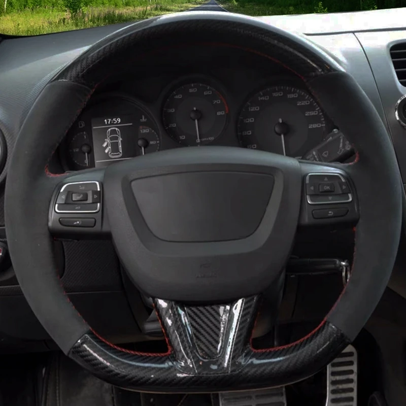 Car Steering Wheel Cover Black Carbon Fiber Black Suede For Seat Leon Altea Leon Cupra 2008-2012 Toledo Alhambra 2010-2015