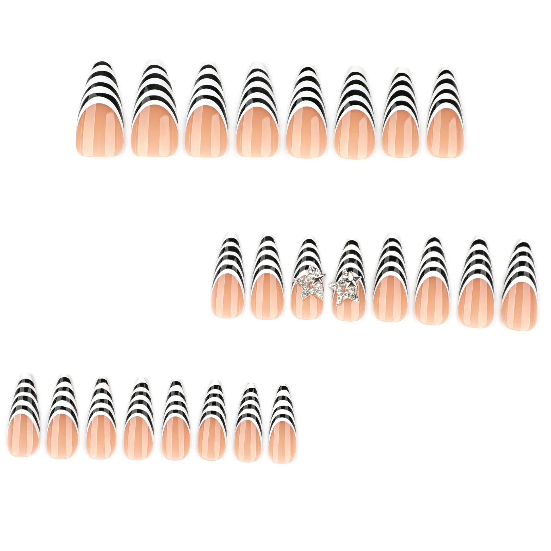 24 stuks zwart wit zebra strepen druk op nagels lange puntige Franse stijl pittige meisje kunstnagels Y2k metalen ster decor nep nagel