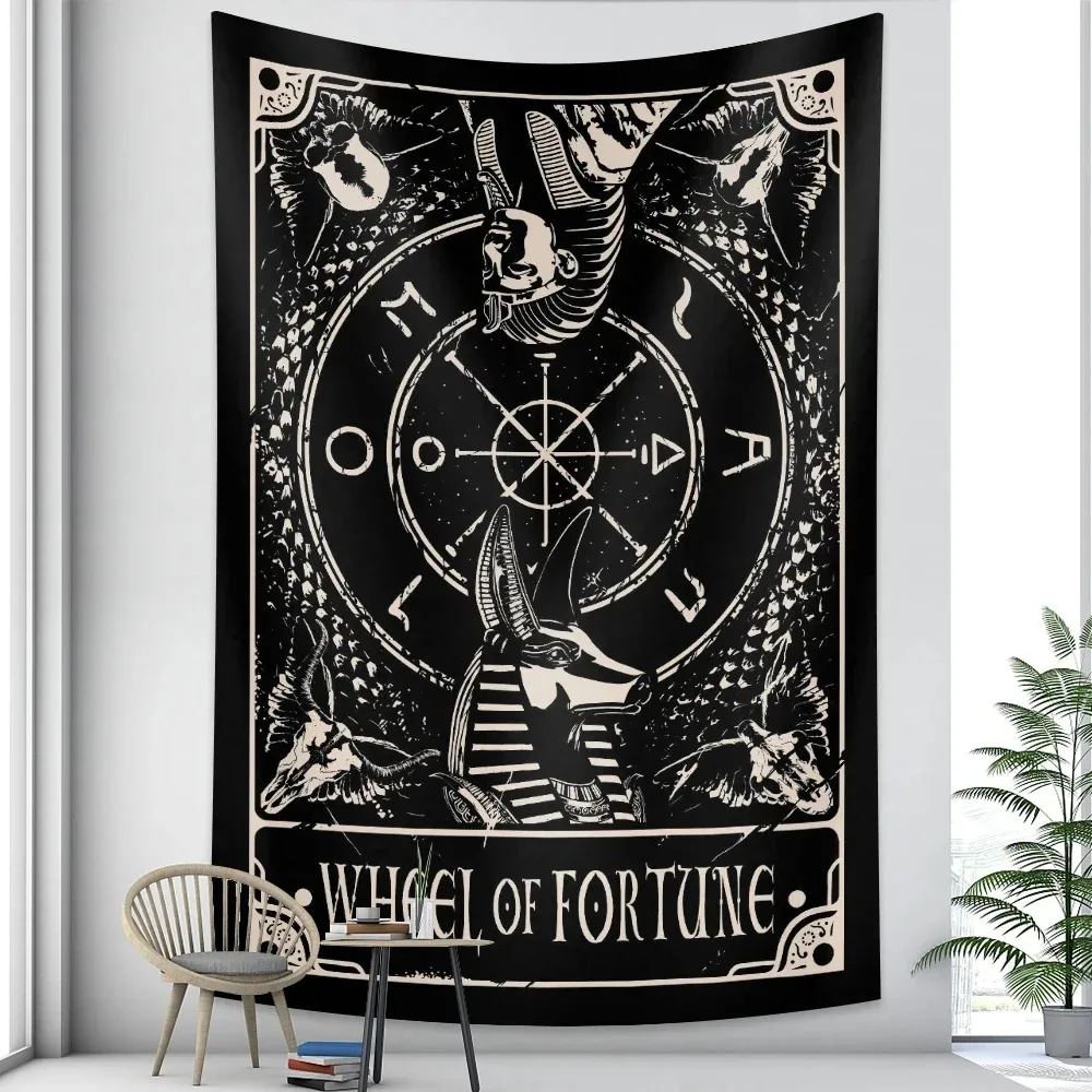 VIKAMA Wheel of Fortune Tarot Tapestry Egyptian Anubis Wall Hanging Vintage Occult Art for Bedroom Studio Witchy Decor