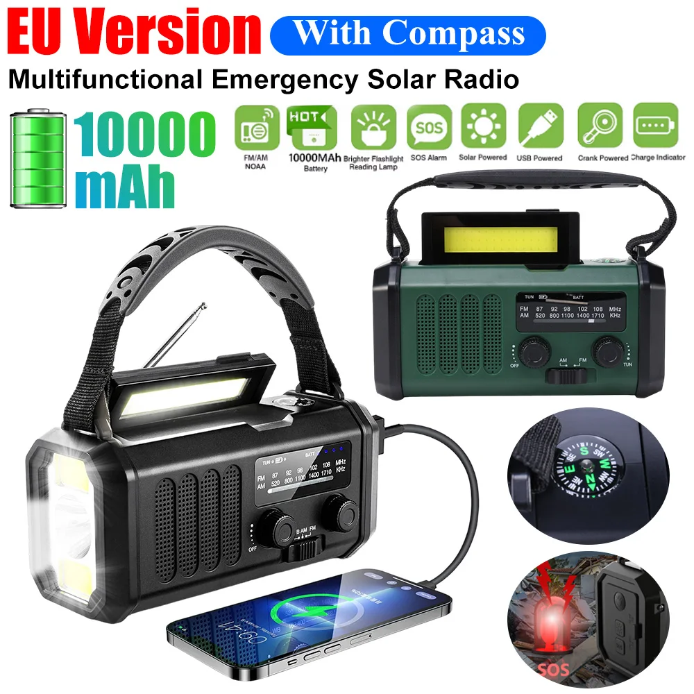 

EU 10000mAh Emergency Power Bank Charger USB Solar Radio LED Flashlight Reading Lamp Type-C Charging AM FM Radios With Compass