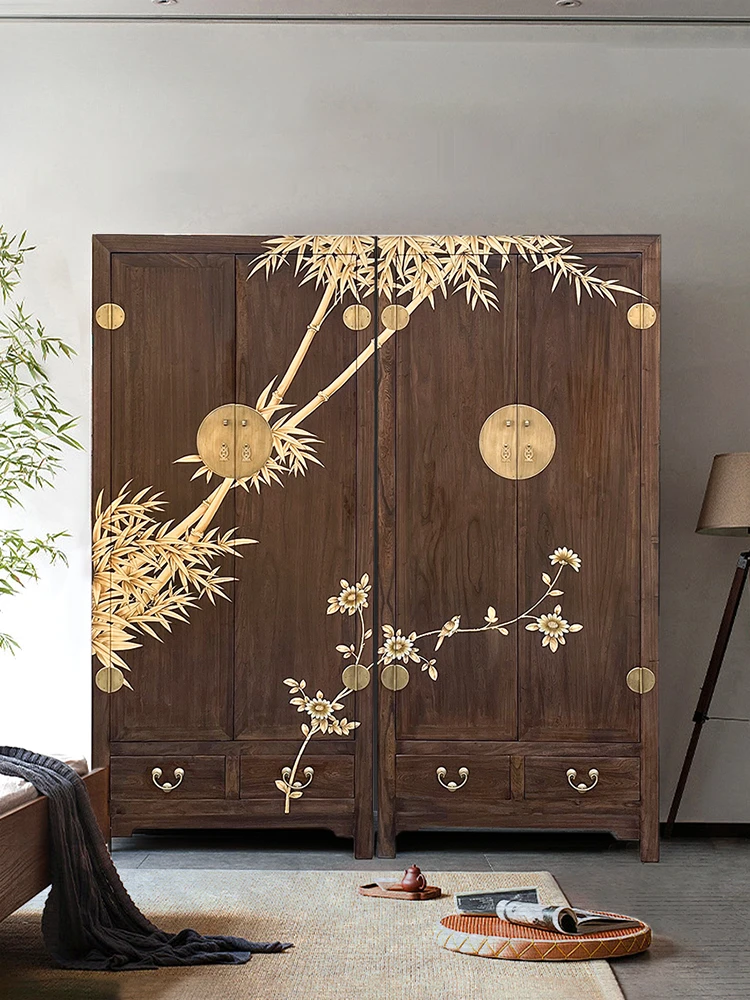 Chinese Painted Wardrobe Gold-Painted Storage National Style Bedroom Wardrobe Elm Classical Solid Wood Furniture