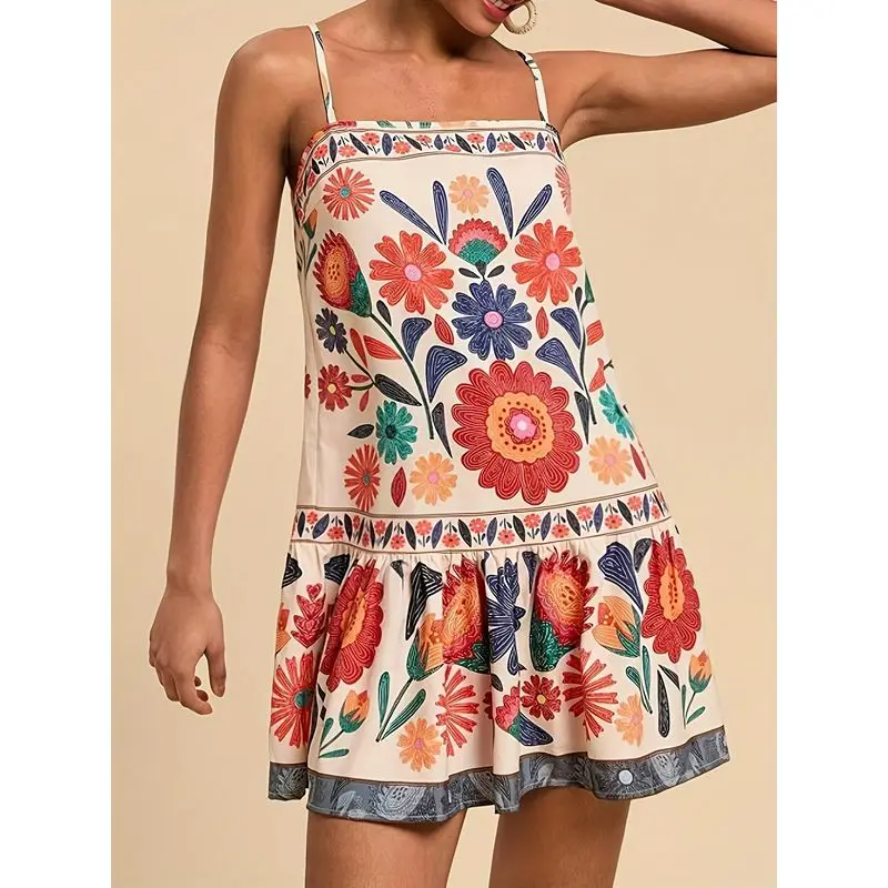 Combhasaki Donna Estate Boho Cinghie regolabili Collo quadrato Y2K Estetico Stampa floreale Orlo con volant Abito corto a trapezio fluido