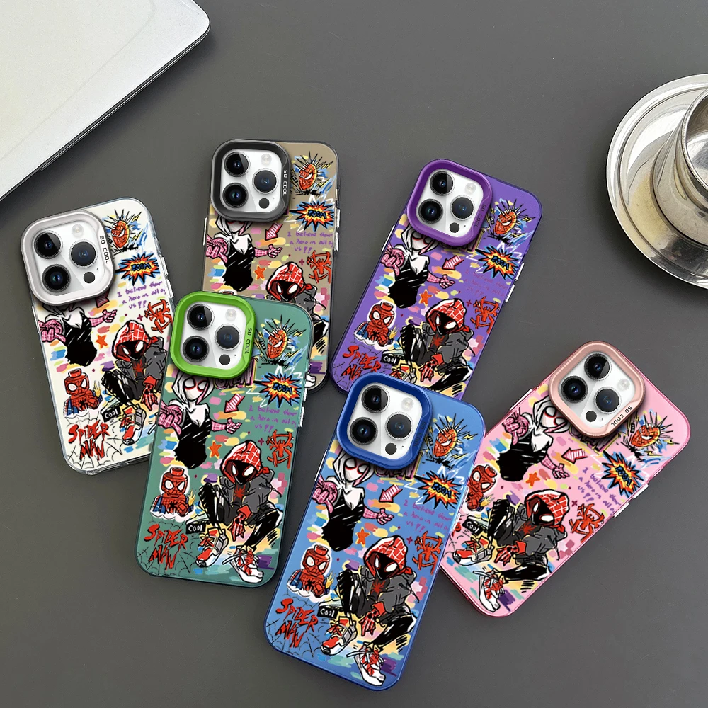 

MINISO Cartoon S-Spider Graffiti Man Phone Case For iPhone 16 13 14 15 Pro Max Plus Color Electroplated Silver IMD Laser Shell