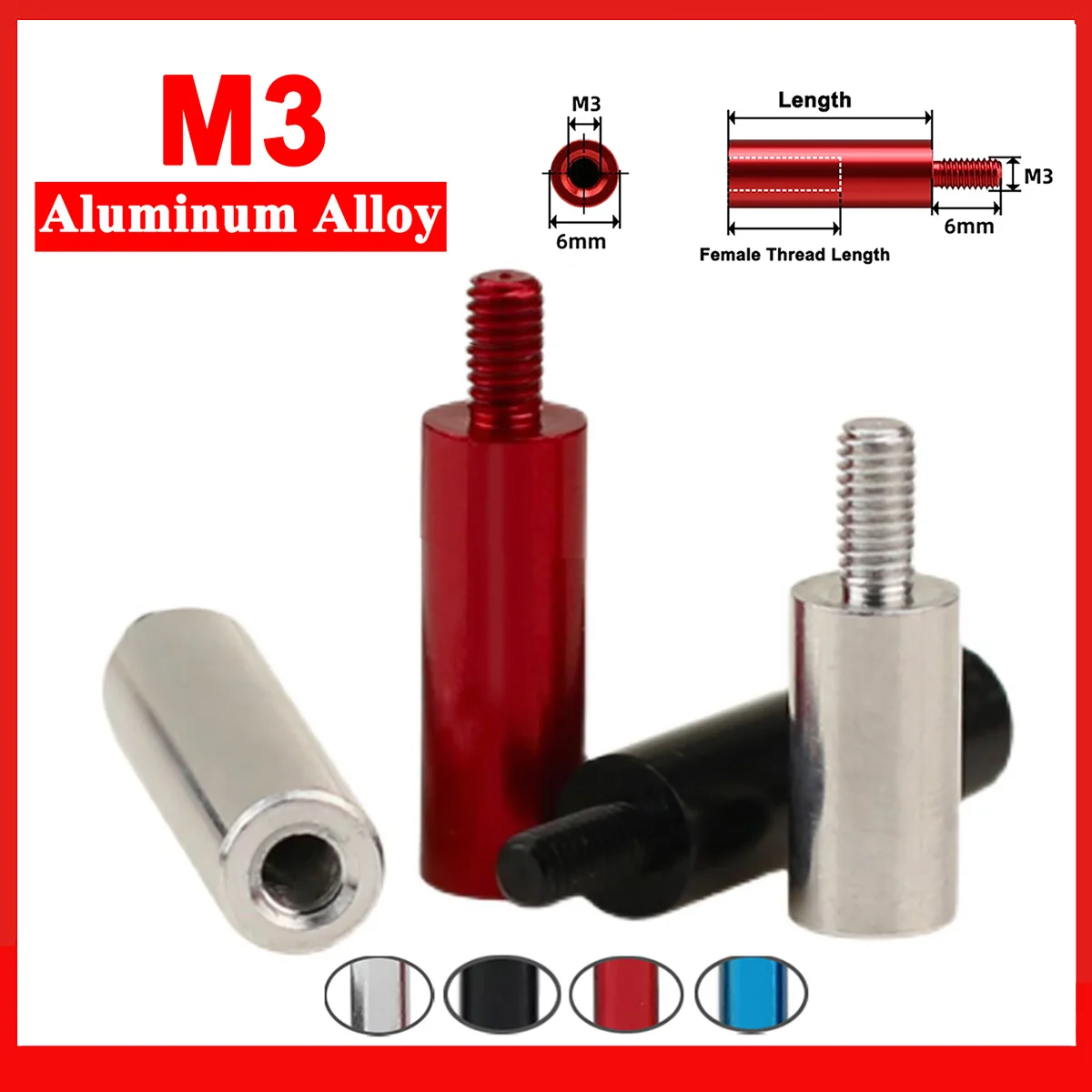 10pcs M3+6mm Aluminum Alloy Threaded Pillar Male To Female Round PCB Standoff Spacer Single Head Column Stud Length 6-50mm
