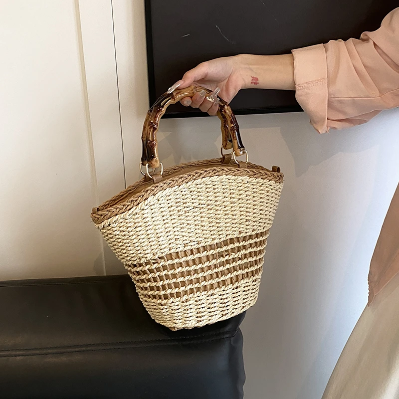 Sac à Main en Paille Tissé à la Main pour Femme, Sacoche Ajourée, Style Bohème Décontracté, de Plage, à Bandoulière, à la Mode, pour Été