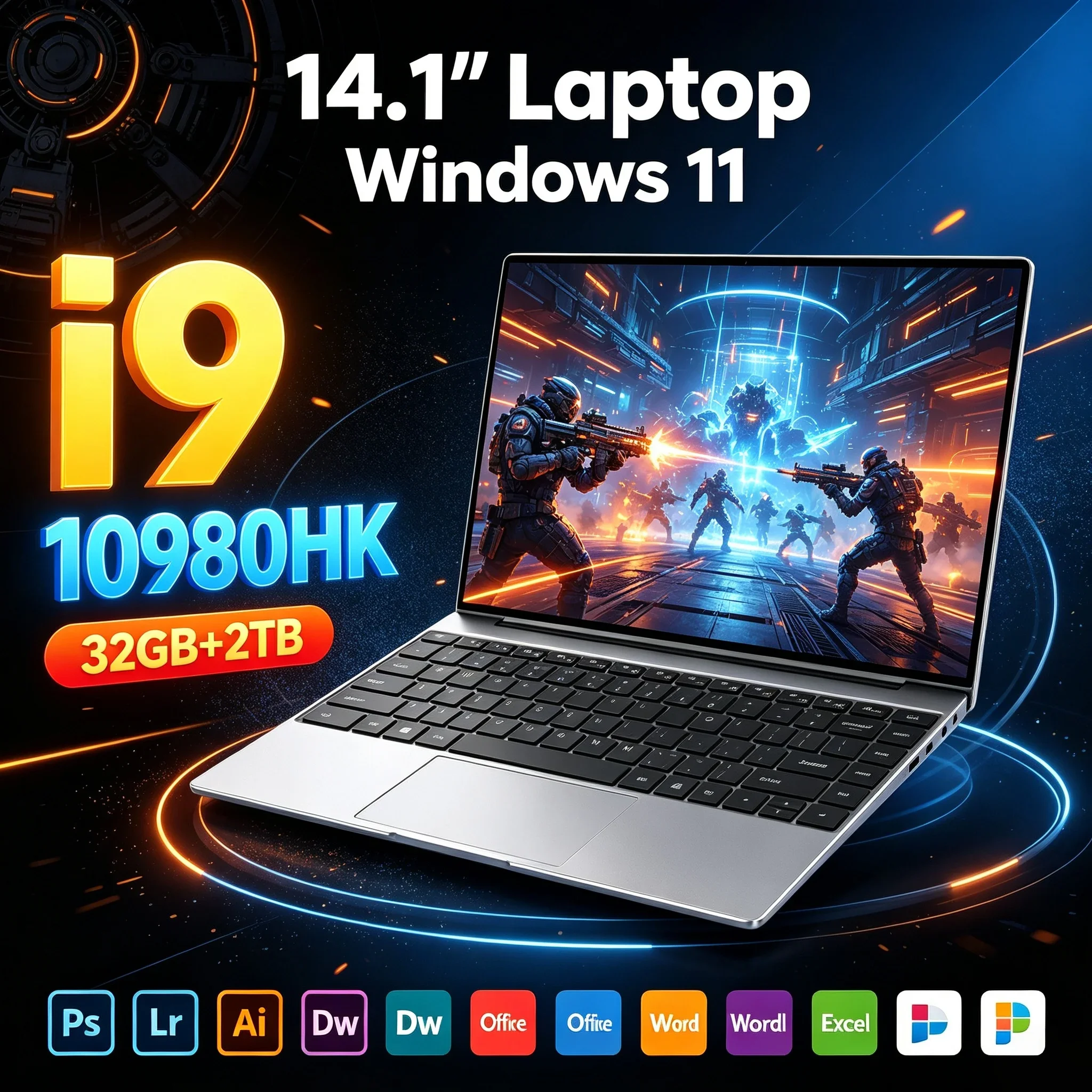 14.1'' Slim Laptop Intel I9‑10980HK 32GB RAM 2TB SSD HD Windows11 Ultra‑thin Notebook PC For Home Office Student Business
